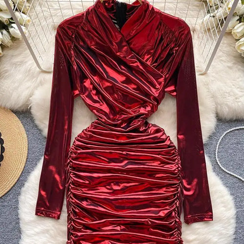 Load image into Gallery viewer, French Solid Elegant Office Ruched Holiday Party Wrapped Hip Mini Dress Women Short Pleated Zipper Evening Dress Popular Autumn
