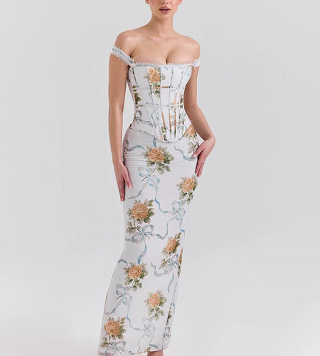 Vintage Print Sexy Maxi Dress Women Gown Summer Off-shoulder Sleeveless Backless Bodycon Club Party Long Dress Elegant