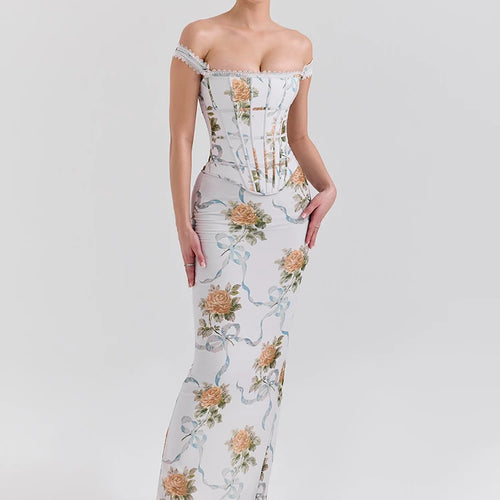 Load image into Gallery viewer, Vintage Print Sexy Maxi Dress Women Gown Summer Off-shoulder Sleeveless Backless Bodycon Club Party Long Dress Elegant
