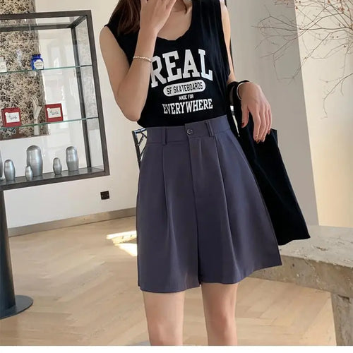 Load image into Gallery viewer, Summer New Black Blue Loose High Waist Wide Leg Pleated Shorts Korean Version Women Gray Office Short Pant Casual Fashion Simple
