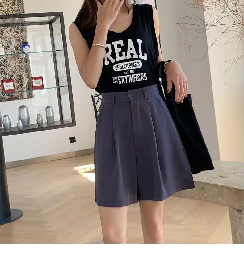 Summer New Black Blue Loose High Waist Wide Leg Pleated Shorts Korean Version Women Gray Office Short Pant Casual Fashion Simple