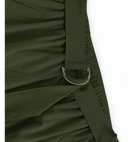 High Elastic Waist Khaki Pleated Belted Drawstring A-line Half-body Skirt Women Fashion New Spring Autumn 2025 1DJ1046