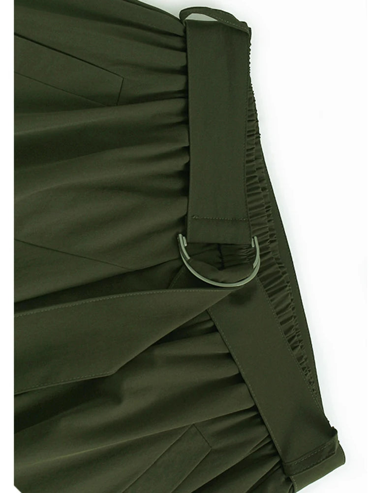 High Elastic Waist Khaki Pleated Belted Drawstring A-line Half-body Skirt Women Fashion New Spring Autumn 2025 1DJ1046