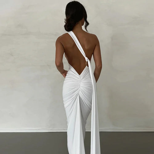 Load image into Gallery viewer, Oblique Shoulder Backless Maxi Dress For Women Gown Summer Back Strap Sleeveless Ruched Party Sexy Long Dress Vestidos
