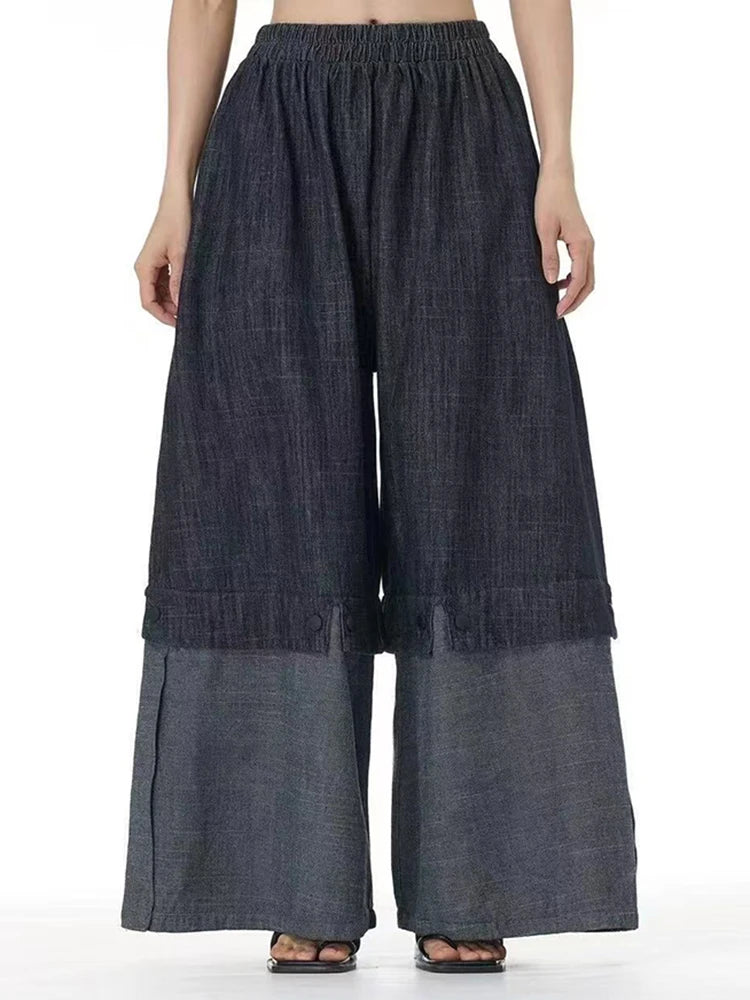 High Waist Balck Fold Tassels Color-block Denim Wide Leg Jeans New Women Trousers Fashion Tide Spring Autumn 2025 1DJ0462