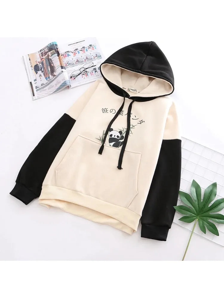 Panda Print Kawai Cute Women Hoodies Drawstring Cotton Hooded Sweatshirt Winter Sweet Style Long Sleeve Korean Ladies Tops