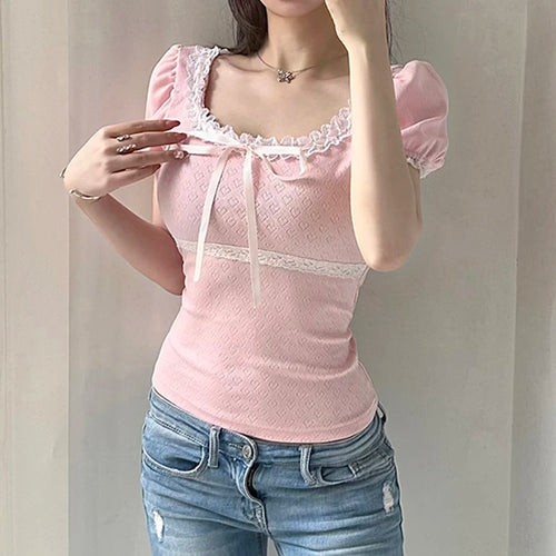 Load image into Gallery viewer, Korean Pink Cute Coquette Sweet Summer T-shirts Women Bow Lace Patched Slim Cropped Top Girls Cutecore Tees Clothing
