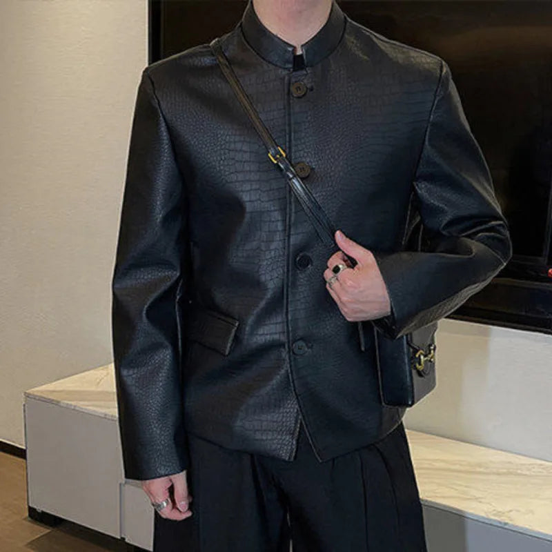 Spring Men's Suit Coat New Chinese Male Solid Color PU Leather Stand Collar Design Single Breasted Stylish Jacket 9W1419