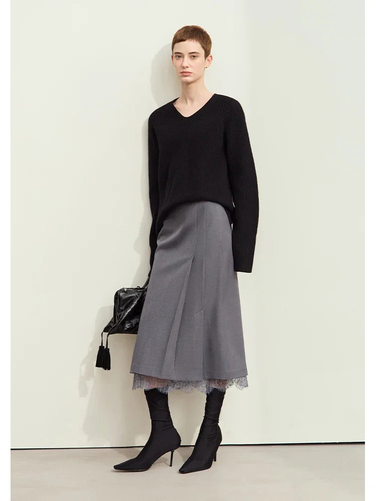 Minimalism Skirts for Woman 2025 Autumn New Elegant Patchwork Lace Women's Clothing Retro Lady A-Line Pleated Skirt12443013