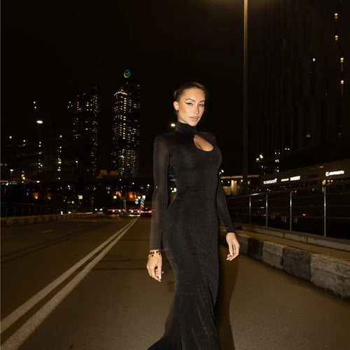 Load image into Gallery viewer, Hollow Out Turtleneck Long Sleeve Sexy Maxi Dress For Women Gown 2025 New Bodycon Evening Club Long Dress Vestido
