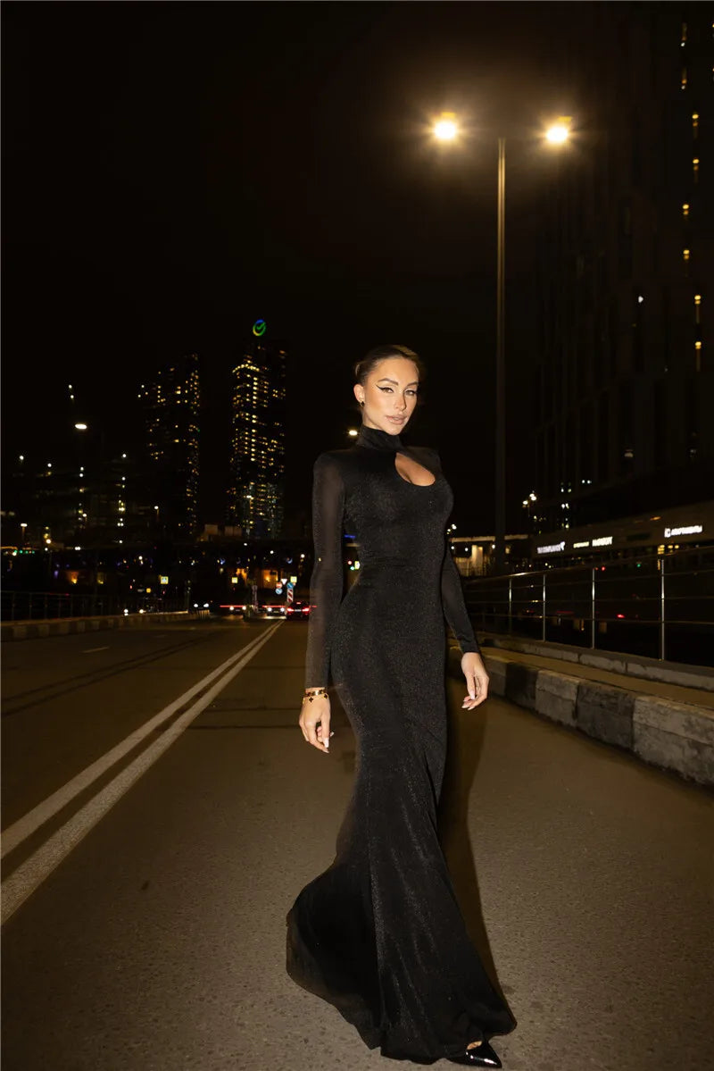 Hollow Out Turtleneck Long Sleeve Sexy Maxi Dress For Women Gown 2025 New Bodycon Evening Club Long Dress Vestido