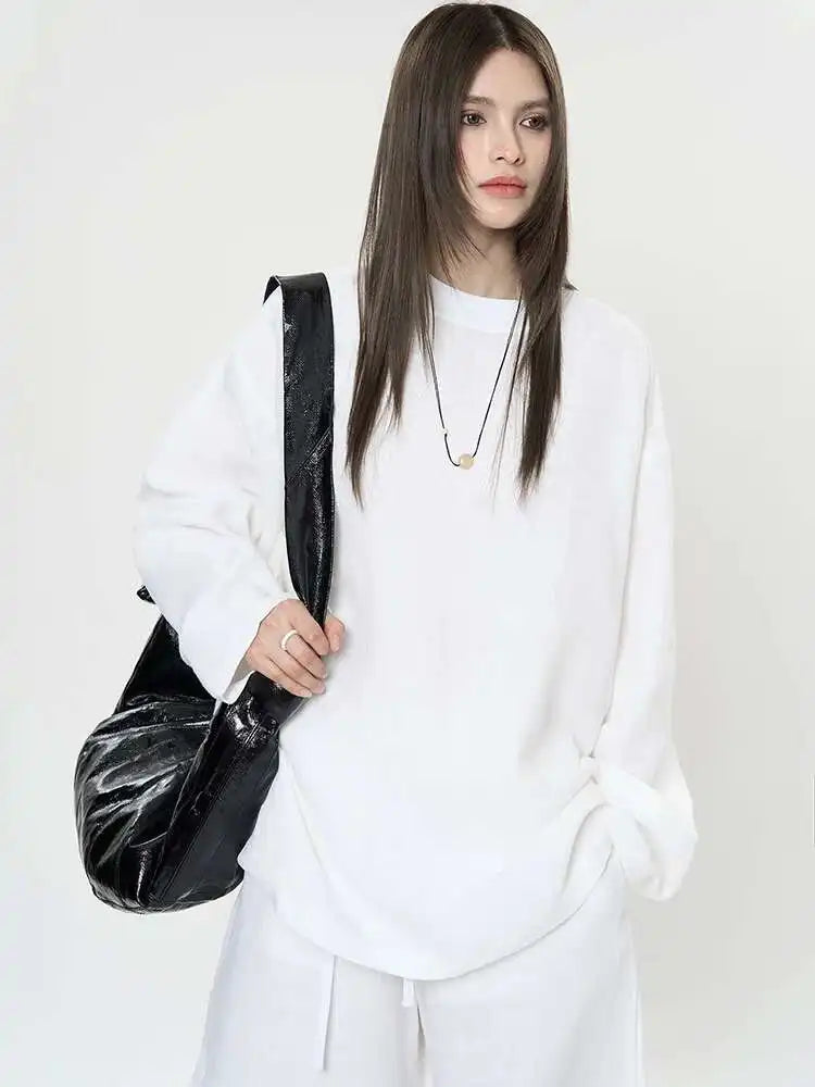 Women 100% Linen Brief Big Size Elegant T-shirt New Round Neck Long Sleeve Fashion Tide Spring Autumn 2025 1DJ0371