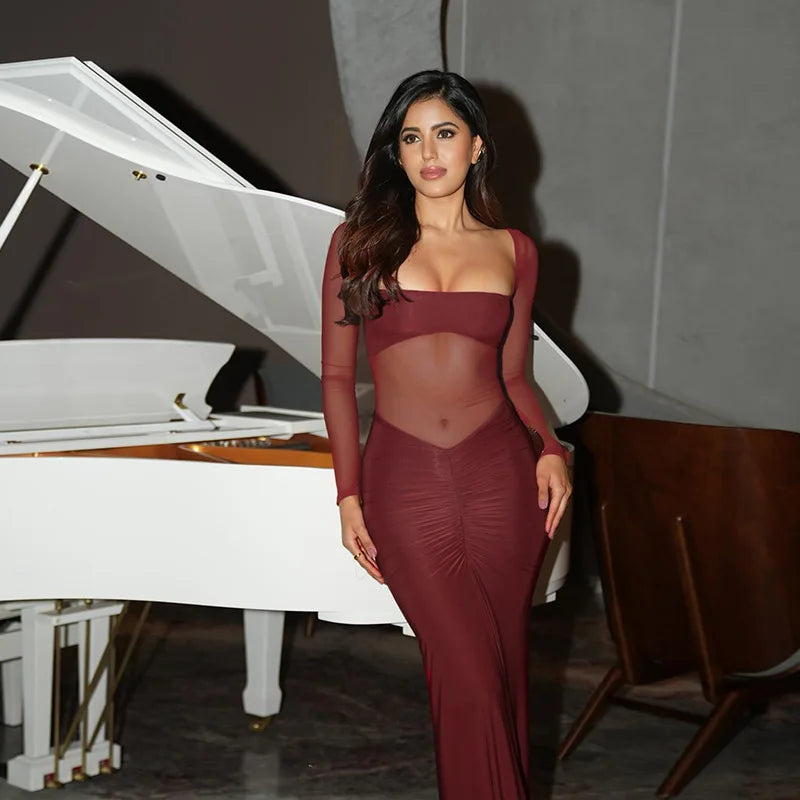 See Through Mesh Sexy Maxi Dress For Women Fashion Square Collar Long Sleeve Ruched Bodycon Club Party Long Dress
