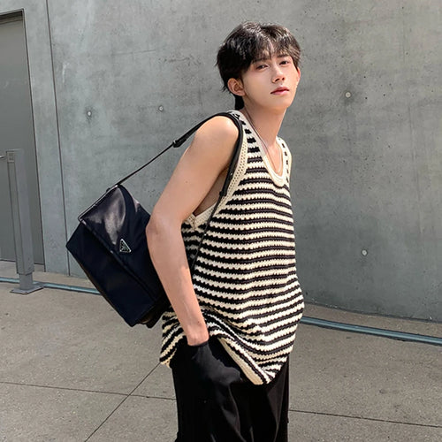 Load image into Gallery viewer, Summer Vest Loose Fashion Tank Top Sleeveless Stripe T-shirt Hollow Out Design Casual Man&#39;s Top Loose 9C5367
