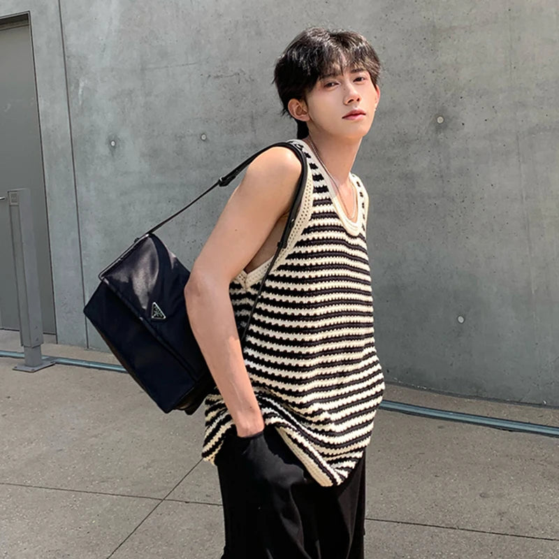 Summer Vest Loose Fashion Tank Top Sleeveless Stripe T-shirt Hollow Out Design Casual Man's Top Loose 9C5367