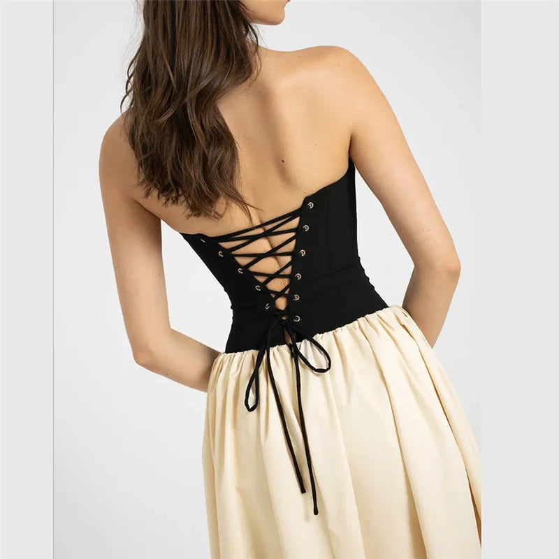 Patchwork Off-shoulder Sexy Maxi Dress For Women Contrasting Color Strapless Sleeveless Backless Lace-up Sexy Dress