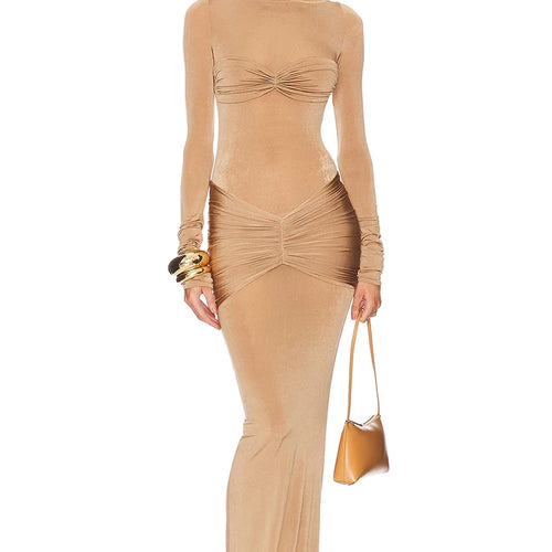 Load image into Gallery viewer, Long Sleeve Ruched Sexy Maxi Dress For Women Gown 2025 Spring Fashion Solid O Neck Slim Fit Elegant Long Dress Clothes
