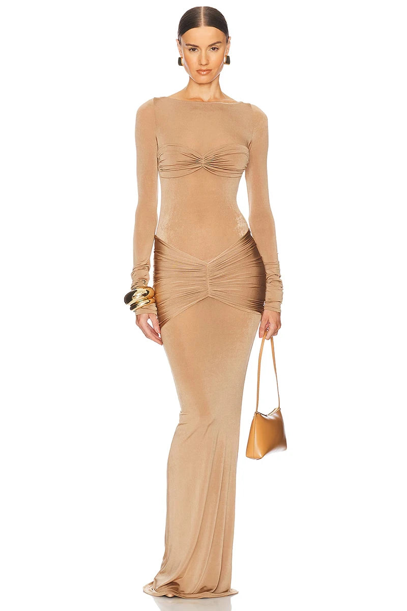 Long Sleeve Ruched Sexy Maxi Dress For Women Gown 2025 Spring Fashion Solid O Neck Slim Fit Elegant Long Dress Clothes