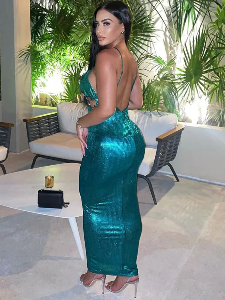 Spaghetti Strap Backless Bodycon Maxi Dress For Women Robe Off-shoulder Hollow Out Strapless Club Party Sexy Dress