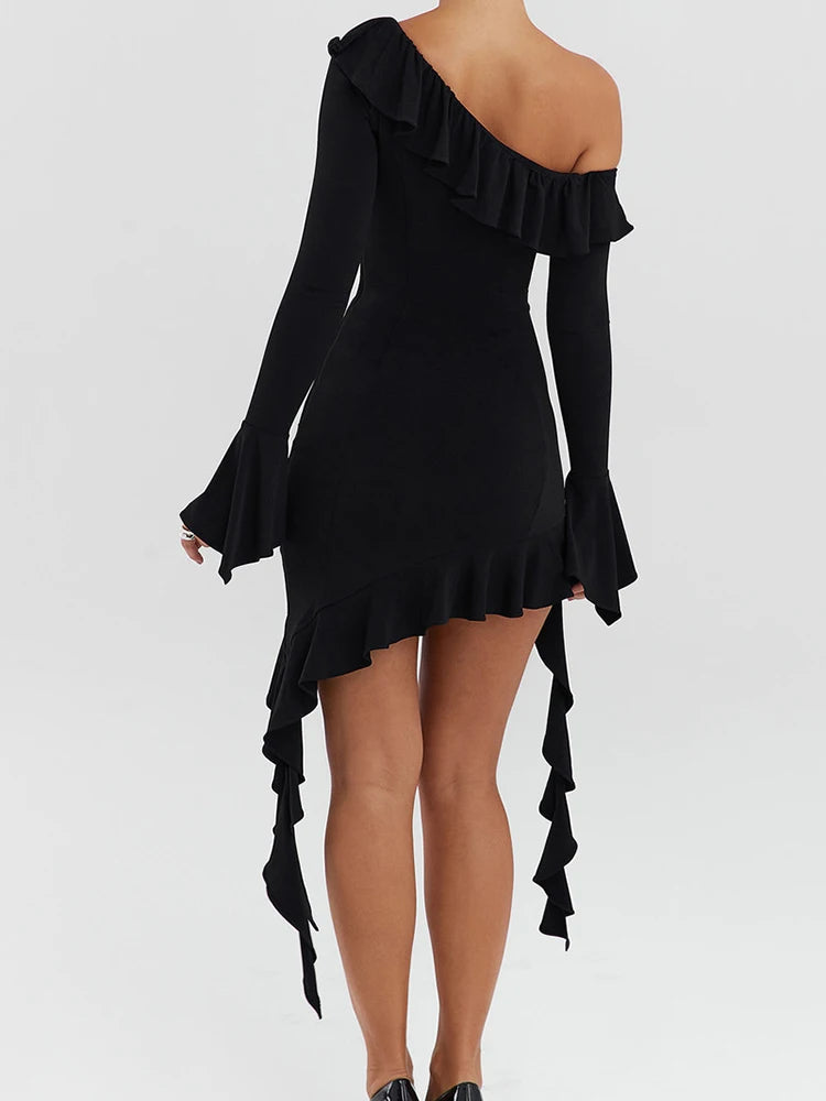 Elegant Long Sleeved Dress For Women Sloping Shoulders Bodycon Female Wrap Buttocks Dress Slim Party Club Evening Dress