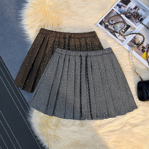 Load image into Gallery viewer, French Vintage Women Brown Sequin Elegant High Waist Versatile Short Skirt 2024 Autumn Winter Grey Pleated Half Mini Skirt Trend
