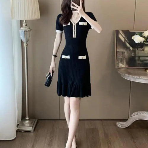 Load image into Gallery viewer, Summer Korean Patchwork V-neck Slim Ruffled Edge Pleated Short Sleeve Midi Dress Women Retro Holiday Wrap Hip Knitted Dress Chic
