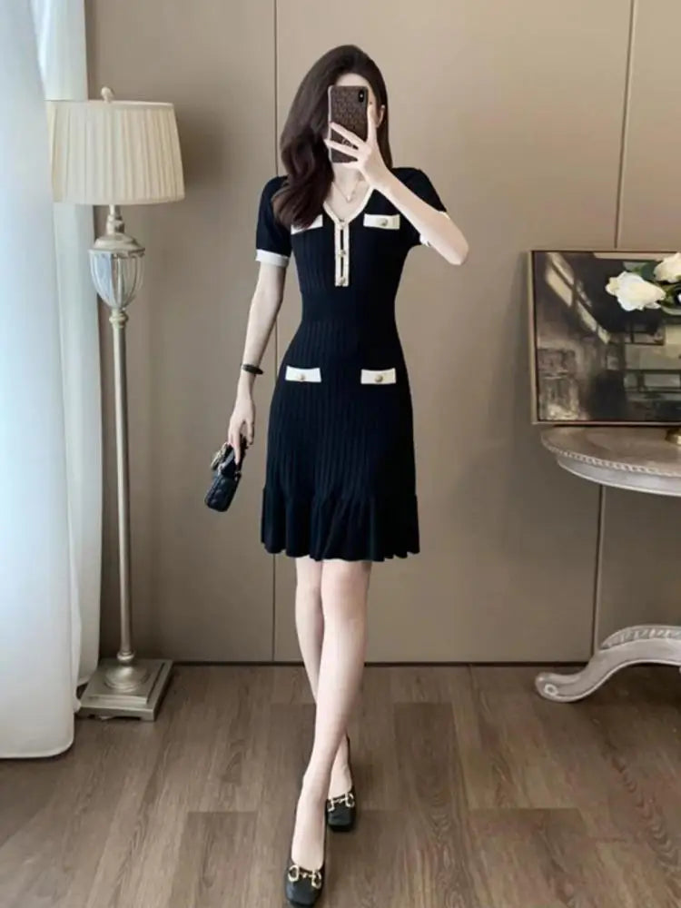 Summer Korean Patchwork V-neck Slim Ruffled Edge Pleated Short Sleeve Midi Dress Women Retro Holiday Wrap Hip Knitted Dress Chic