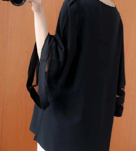 Women Black Mesh Spliced Big Size Elegant T-shirt New V-Neck Three-quarter Sleeve Fashion Tide Spring Autumn 2025 1DJ0335