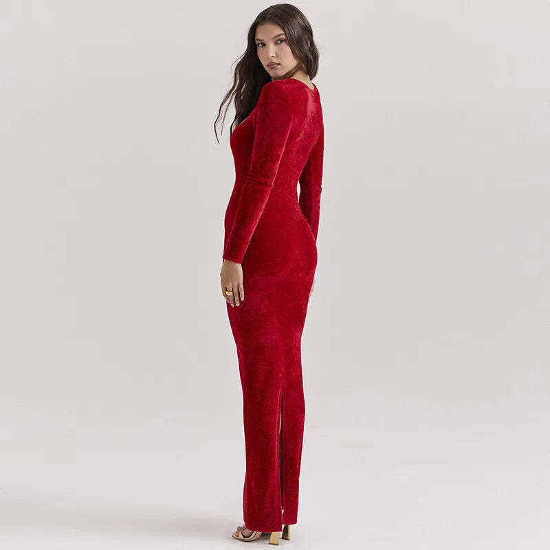 Velvet Long Sleeve Sexy Maxi Dress For Women Elegant V Neck Back Slit Bodycon Sexy Club Party Dress Clubwear Dresses