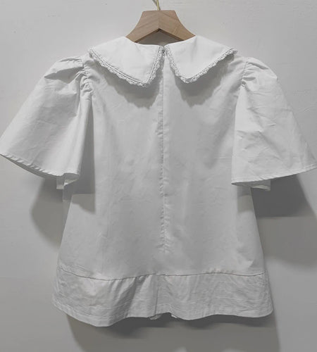 Women White Lace Elegant Pleated Blouse New Lapel Short Puff Sleeve Shirt Fashion Tide Spring Summer 2025 1DJ1480