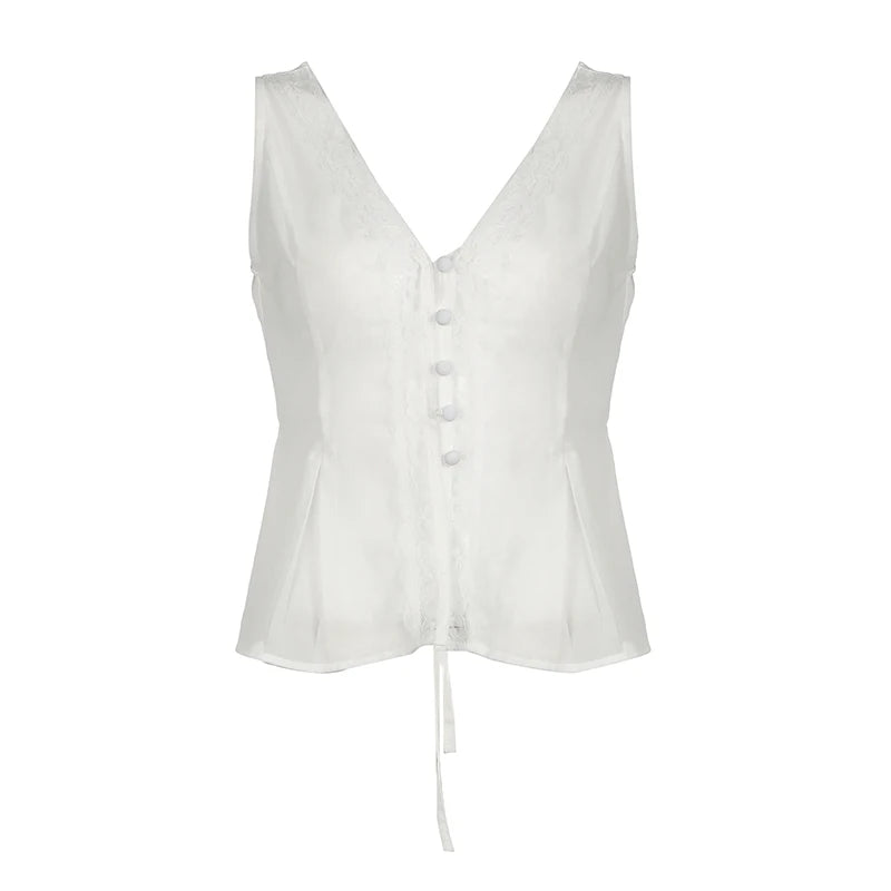 Fashion White Chiffon Sexy Tank Top Lace Patchwork Buttons-Up Split Streetwear Tops Sleeveless Tee Chic Outfits Vest