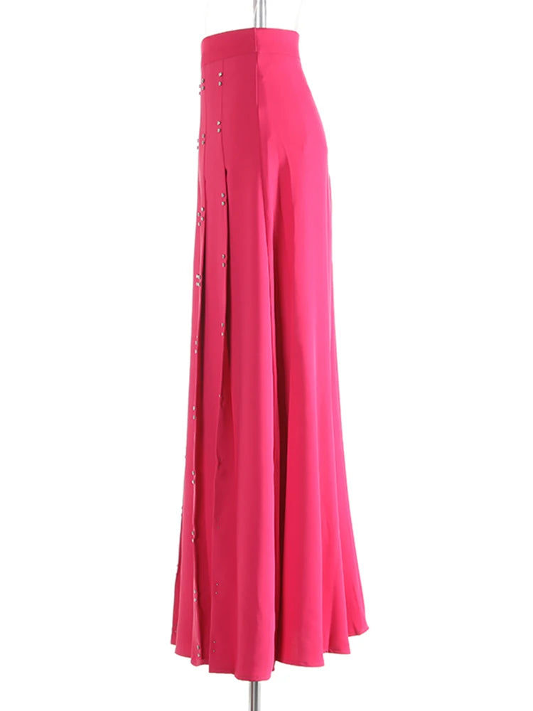 High Waist Rose Red Rivet Pleated Elegant Long A-line Half-body Skirt Women Fashion Tide New Spring Autumn 2025 1DJ0915