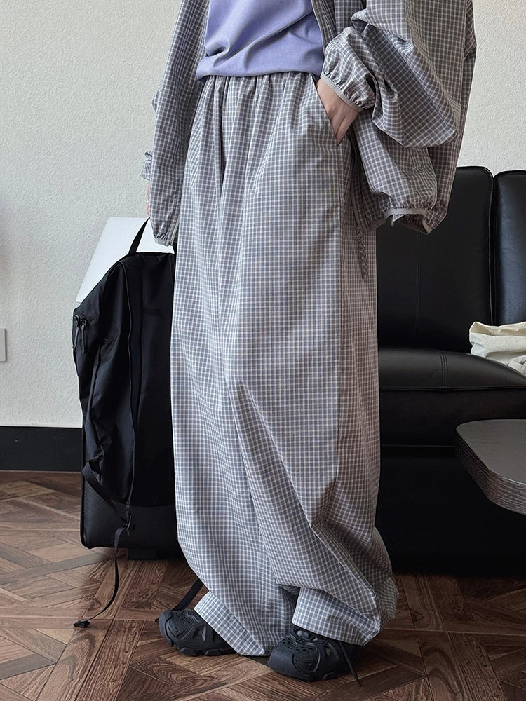 High Elastic Waist Beige Plaid Casual Long Wide Leg Pants New Trousers Women Fashion Tide Spring Autumn 2025 1DJ0867