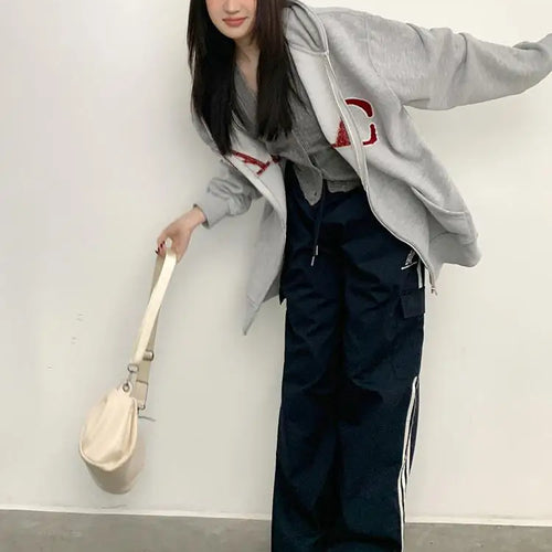 Load image into Gallery viewer, Women Gray Letter Hoodies Tops Harajuku Korean Version Zip Up Loose Sweatshirts Autumn Casual Long Sleeve Hooded Coat Thick Chic
