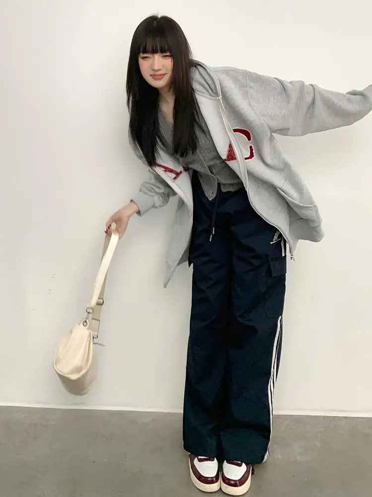 Women Gray Letter Hoodies Tops Harajuku Korean Version Zip Up Loose Sweatshirts Autumn Casual Long Sleeve Hooded Coat Thick Chic