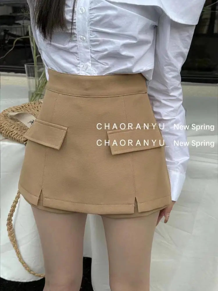 Women Chic Black White High-waist Wrapped Hip Mini Skirt 2024 Spring Summer Streetwear Vacation Brown Bodycon Short Skirt Simple