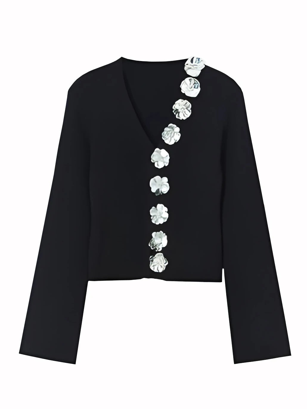 Sexy Buckle V-neck Sequins Three-dimensional Flowers Long-sleeved