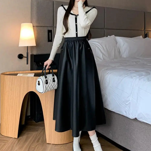 Load image into Gallery viewer, Autumn Winter French Vintage Brown Temperament Pu Leather Skirts For Woman Black Slim Elegant High Waisted Pleated Skirt Fashion
