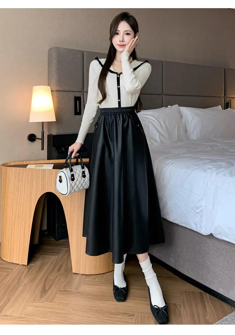 Autumn Winter French Vintage Brown Temperament Pu Leather Skirts For Woman Black Slim Elegant High Waisted Pleated Skirt Fashion