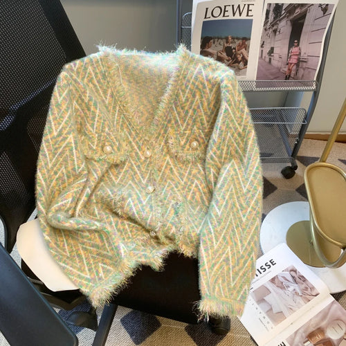 Load image into Gallery viewer, Korean White Imitation Mink Knitted Tops Women Spring Autumn Soft Cardigan Pink Sweater Casual Green Tassel Design Stripe Coat
