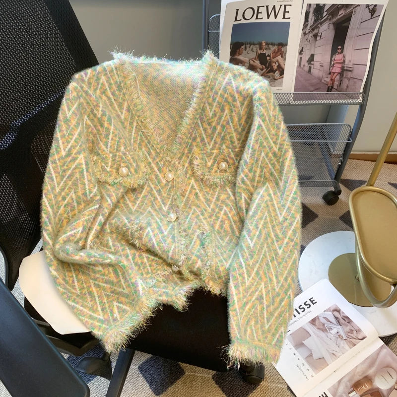 Korean White Imitation Mink Knitted Tops Women Spring Autumn Soft Cardigan Pink Sweater Casual Green Tassel Design Stripe Coat