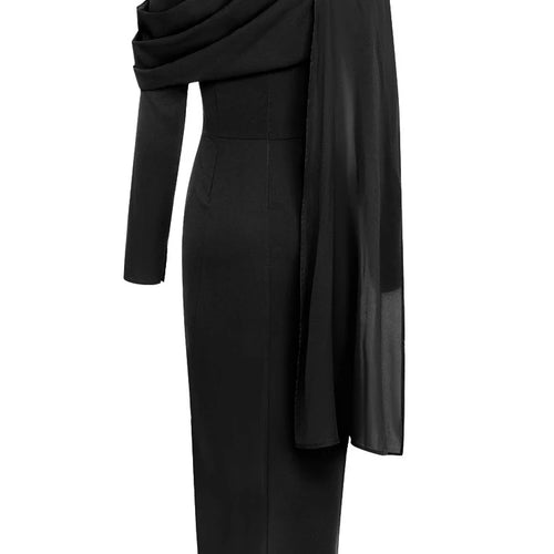 Load image into Gallery viewer, Solid Spliced Button Elegant Dresses For Women Scarf Collar Long Sleeve High Waist Slimming Designer Dress Female
