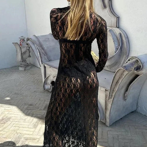 Load image into Gallery viewer, See Through Flower Lace Mesh Sexy Black Dresses for Women Long Sleeve Maxi Dress Fall 2023 Fashion Clothes C16-CG19
