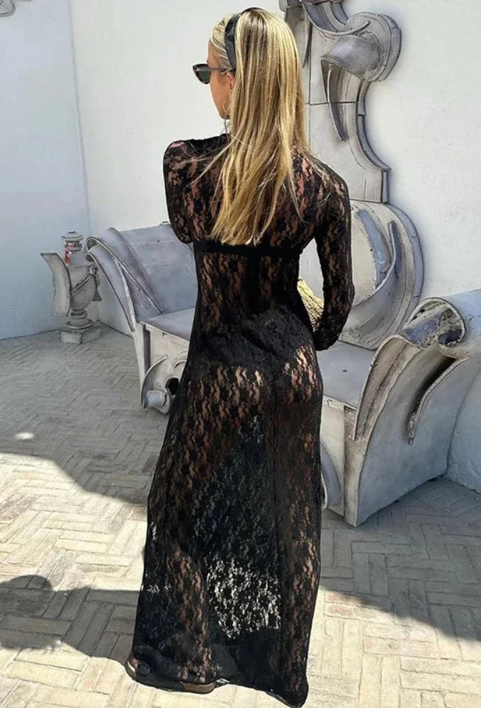 See Through Flower Lace Mesh Sexy Black Dresses for Women Long Sleeve Maxi Dress Fall 2023 Fashion Clothes C16-CG19