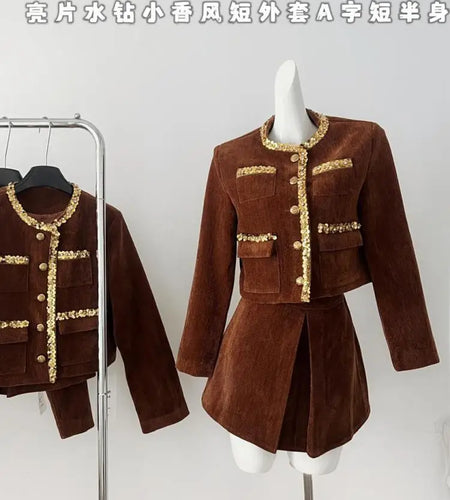 Vintage Women Brown Sequin Long Sleeve Single Breasted Coat And High Waist Pleated Short Skirt 2024 Autumn Winter Two Piece Sets