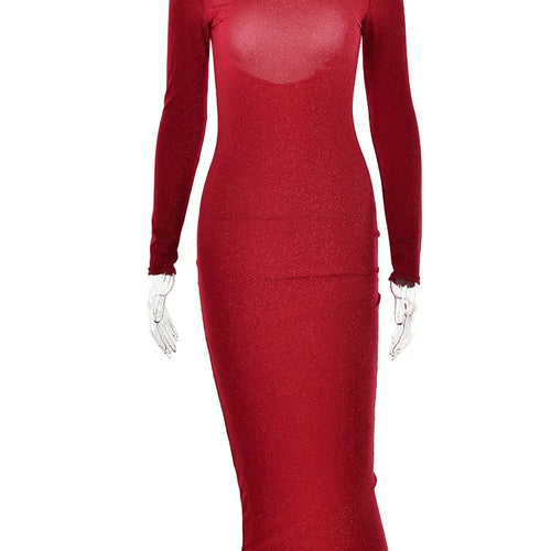 Load image into Gallery viewer, Sexy Backless Shirring Bright Silk Slim Evening Long Dress Female Transparent Long Sleeve Perspective Night Partywear
