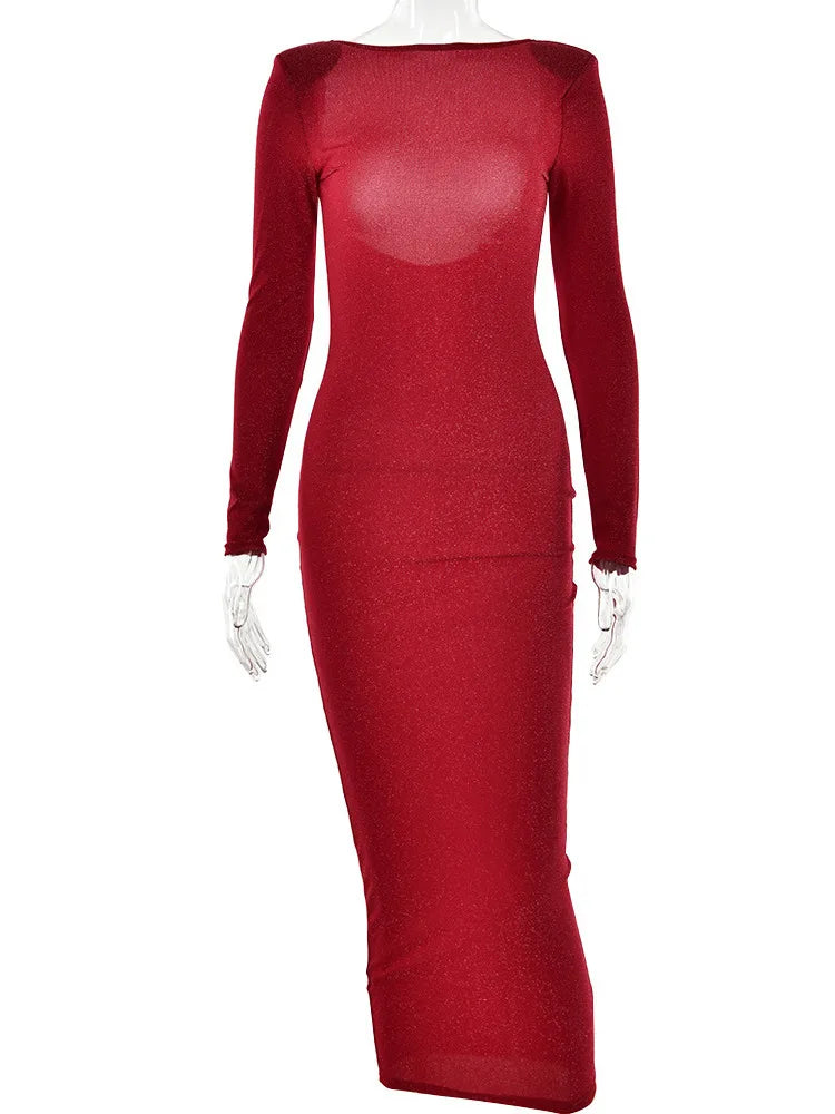 Sexy Backless Shirring Bright Silk Slim Evening Long Dress Female Transparent Long Sleeve Perspective Night Partywear