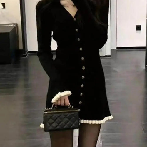 Load image into Gallery viewer, Spring Vintage Black Patchwork Elegant Office Knitted Short Dress Women's V-neck Slim Long Sleeve Single Breasted Mini Dress New
