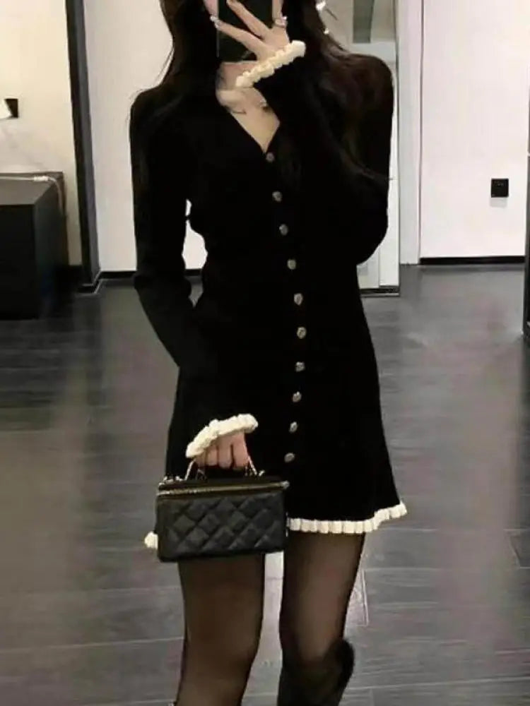 Spring Vintage Black Patchwork Elegant Office Knitted Short Dress Women's V-neck Slim Long Sleeve Single Breasted Mini Dress New