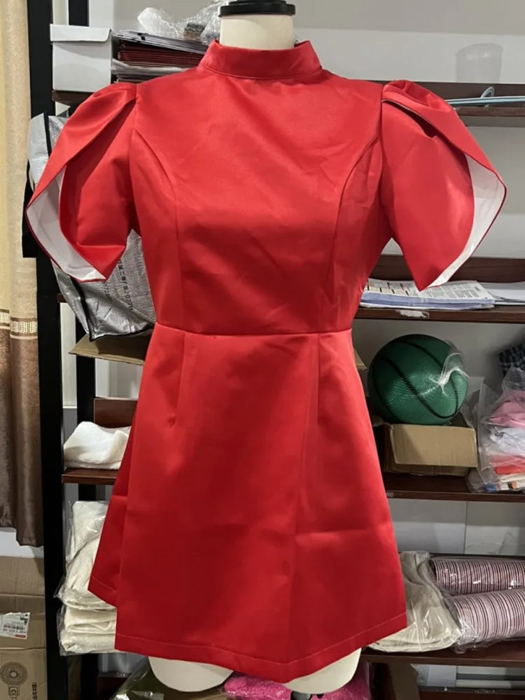 Elegant Short Sleeved Satin Slim Fit Backless  Hollow Out Bow Mini Dress For Women's Fashionable Street Party Clothing